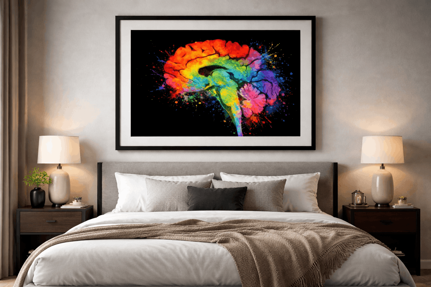 Multi-Color Splash Brain Anatomy Art - Black Background