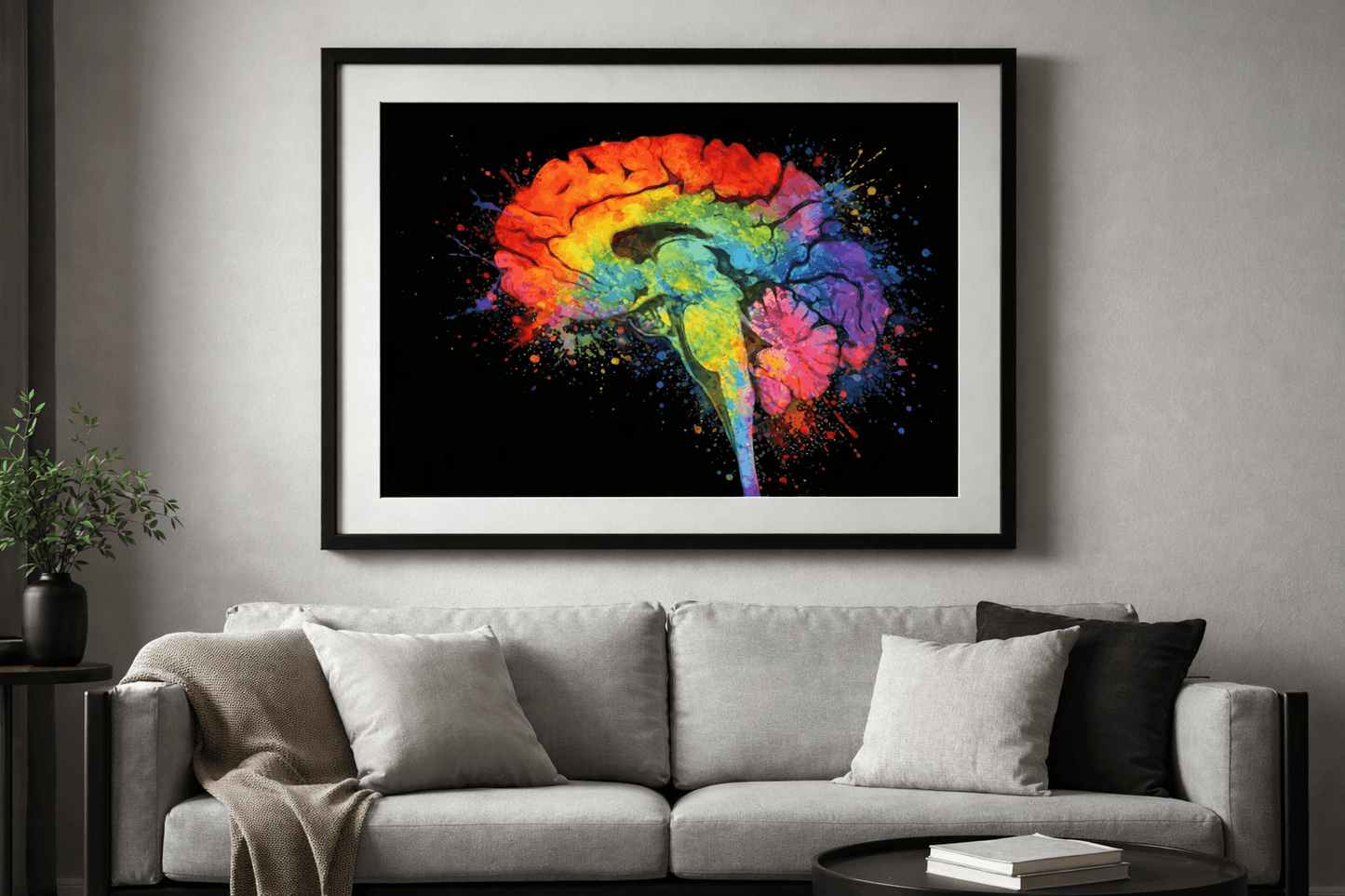 Multi-Color Splash Brain Anatomy Art - Black Background